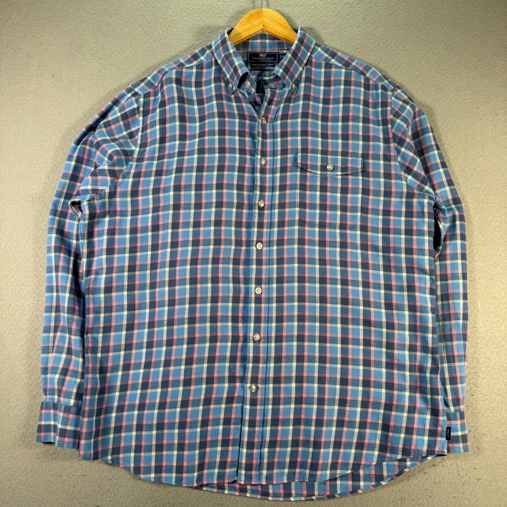 Vineyard Vines Crosby‎ Button Down Shirt Mens XL Slim Fit Blue Pink Linen Plaid